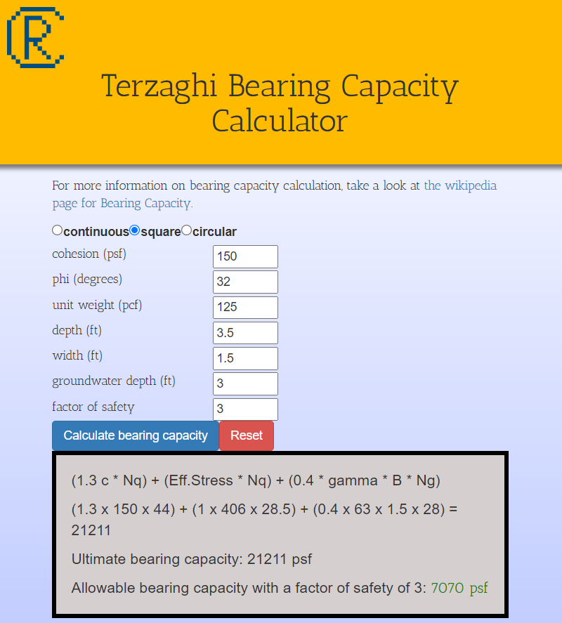 A screenshot of the Terzaghi bearing capacity calculator in action